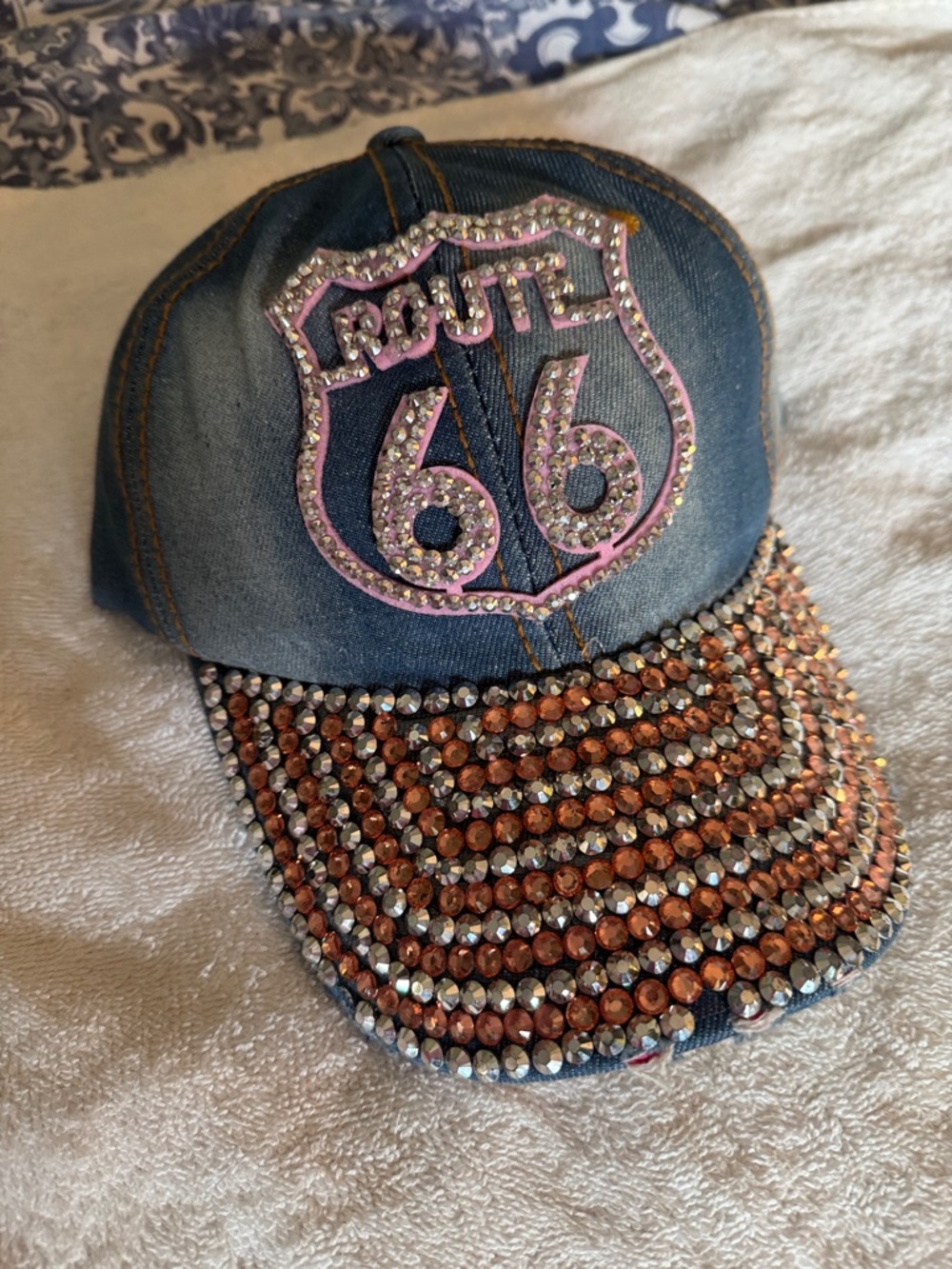 Route 66 Bedazzled Denim Cap with Pink Shield Patch and Rhinestone Hat-NWT